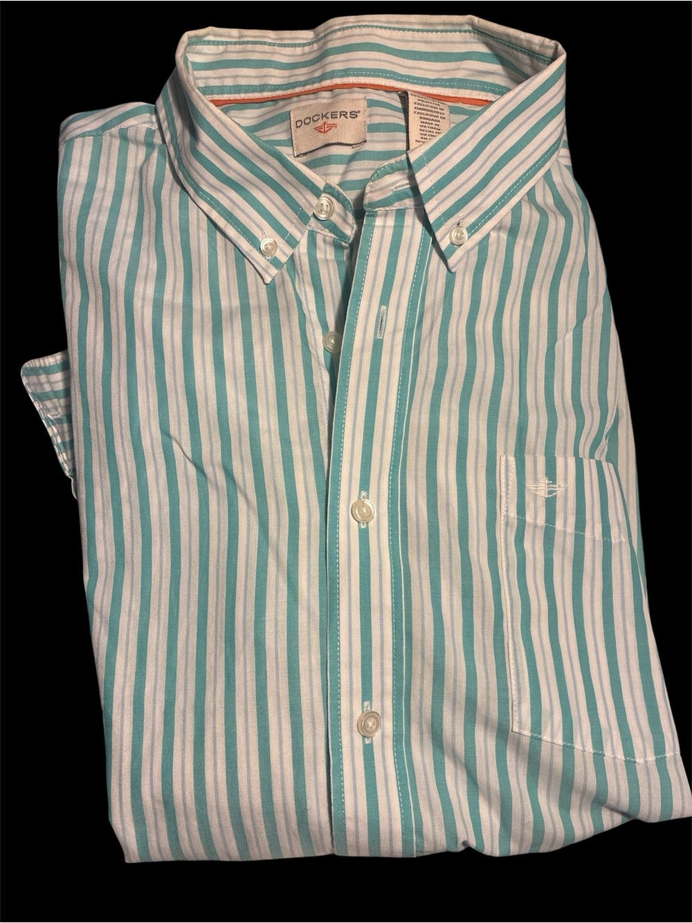 Dockers Men's XL Long Sleeve Button Up Shirt Teal Green White Stripe Anchor Logo